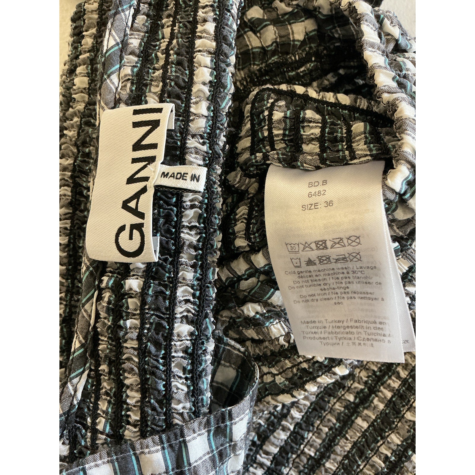 Ganni Seersucker Check Black Polyester Open-Neck Smock Blouse Size 36