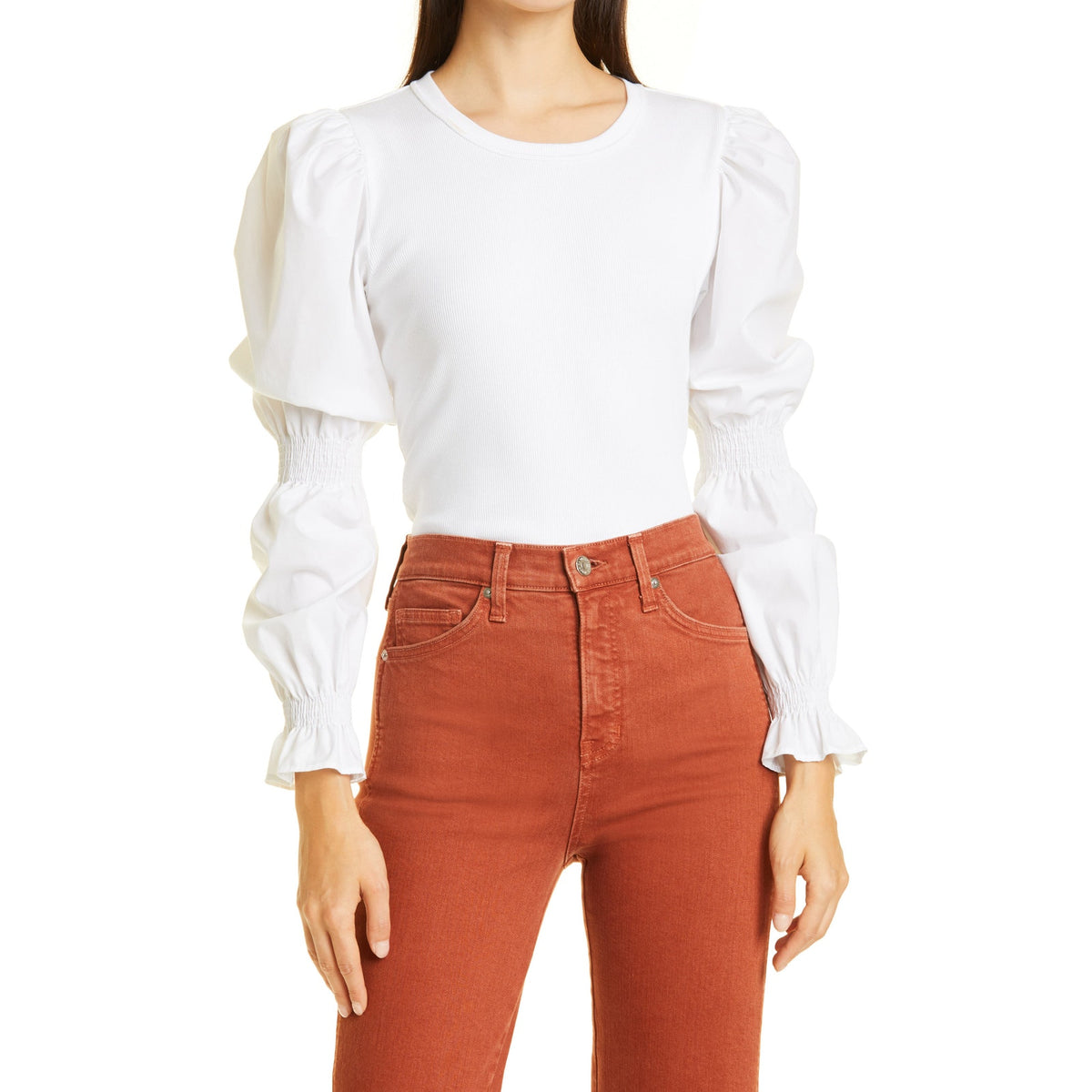 Veronica Beard 'Fawn' White Cotton Mix Media Virago Sleeve Stretch Cotton Top Size M