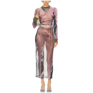 Y/Project Sheer Light Pink And Grey Trompe Loeil Wrap Maxi Dress Size EU 36 / US 4