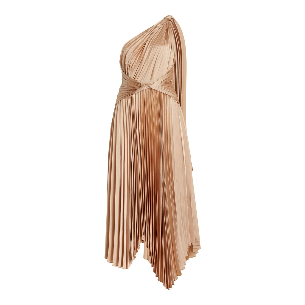 Acler 'Kalora' Tan Polyester Pleated Satin One-Shoulder Midi Dress Size 6