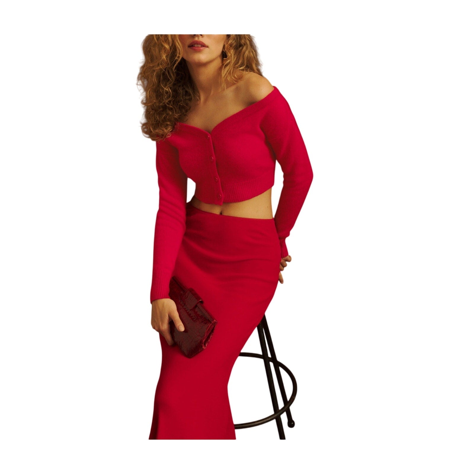 Reformation 'Millie' Red Cashmere Off The Shoulder Cardigan Size XS