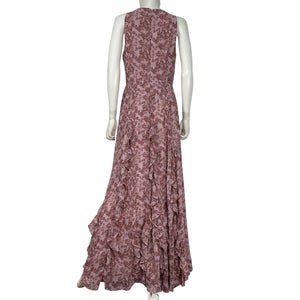 Mikael Aghal Elegant Lilac Ruffled Floral Chiffon Maxi Dress Size 8