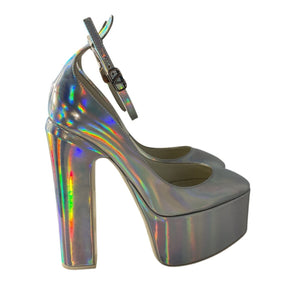 Valentino Patent Silver Block Heel Platform Pumps Size 38.5 EU / US 8.5