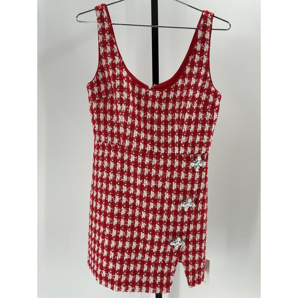 Self-Portrait 'Checked' Red Polyester Boucl� Minidress Size 10 - NWT