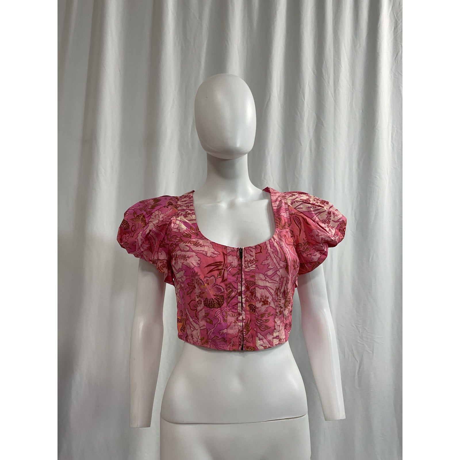 Ulla Johnson 'Kalena' Pink Puff Sleeve Graphic Printed Crop Top Size 4