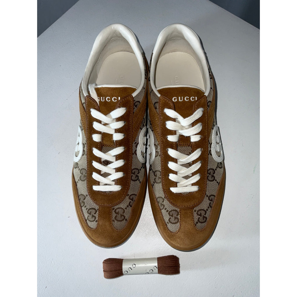Gucci Tan Leather And Suede-Trimmed Coated Canvas-Jacquard Sneakers Size 42