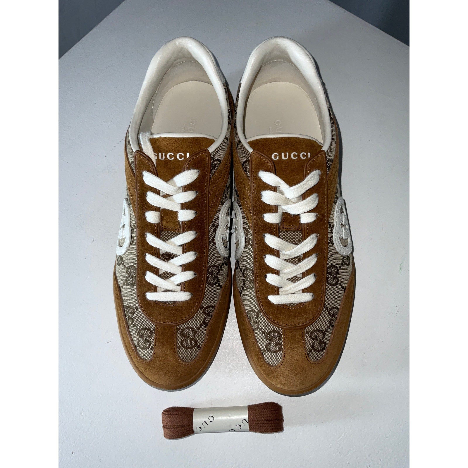 Gucci Tan Leather And Suede-Trimmed Coated Canvas-Jacquard Sneakers Size 42