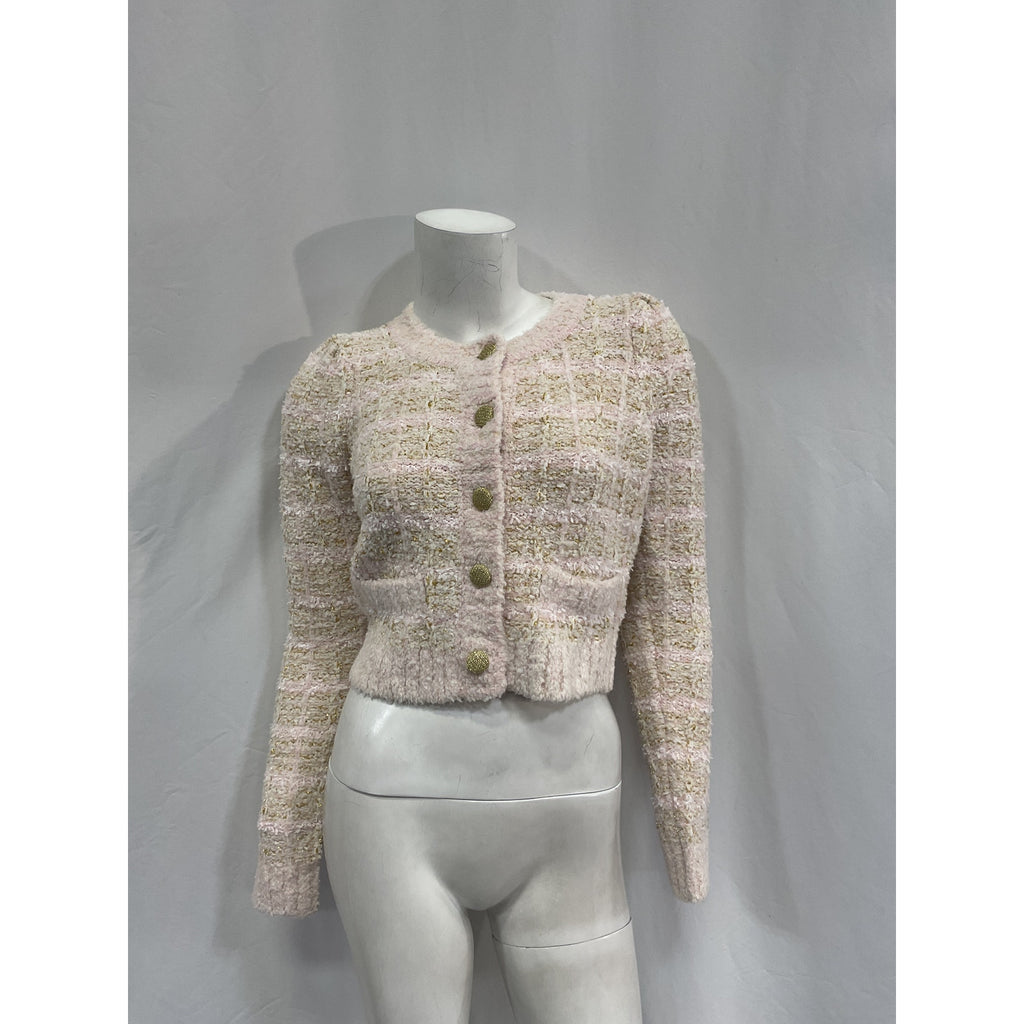 Loveshackfancy 'Saxson' Pink Polyester Tweed Cardigan Size XS