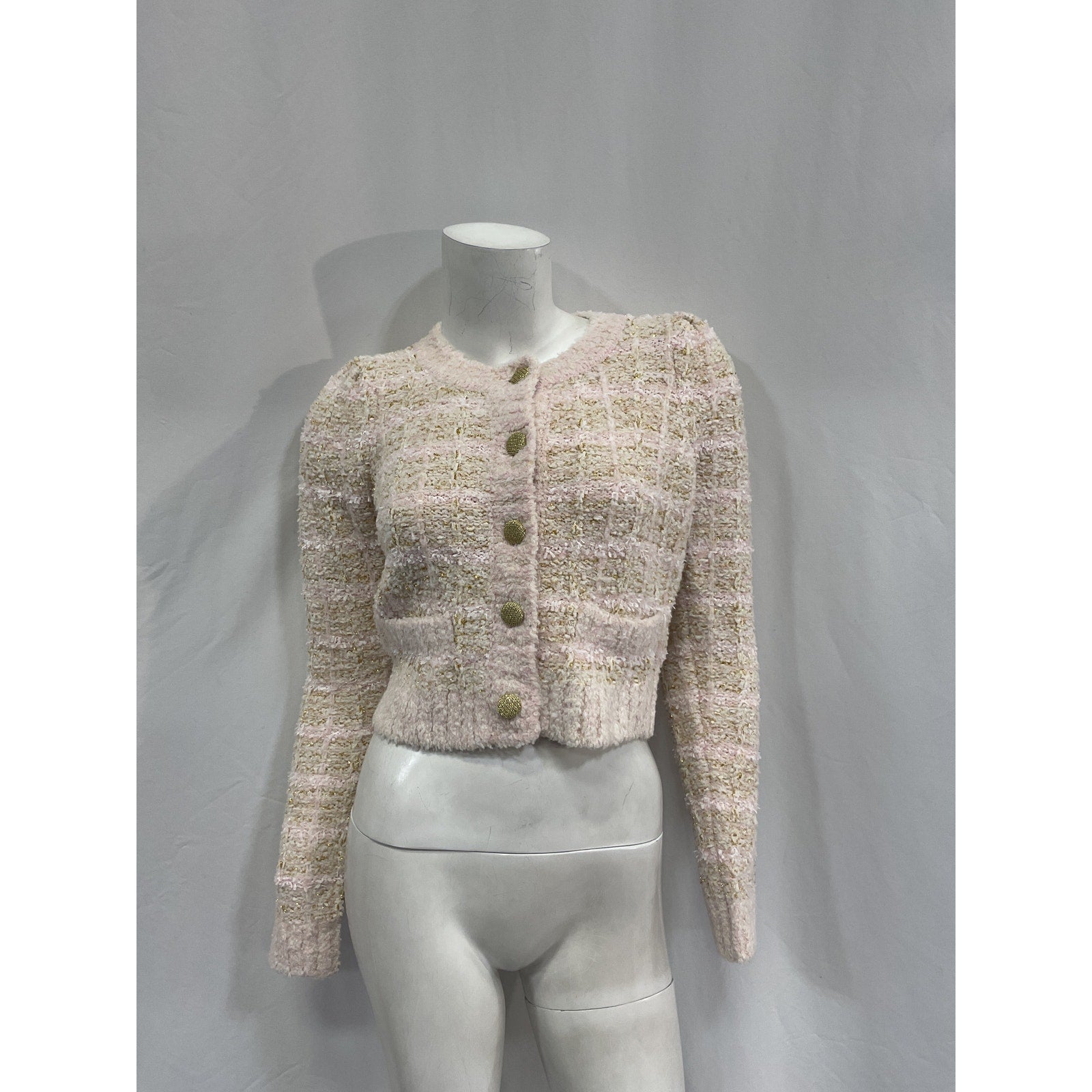 Loveshackfancy 'Saxson' Pink Polyester Tweed Cardigan Size XS