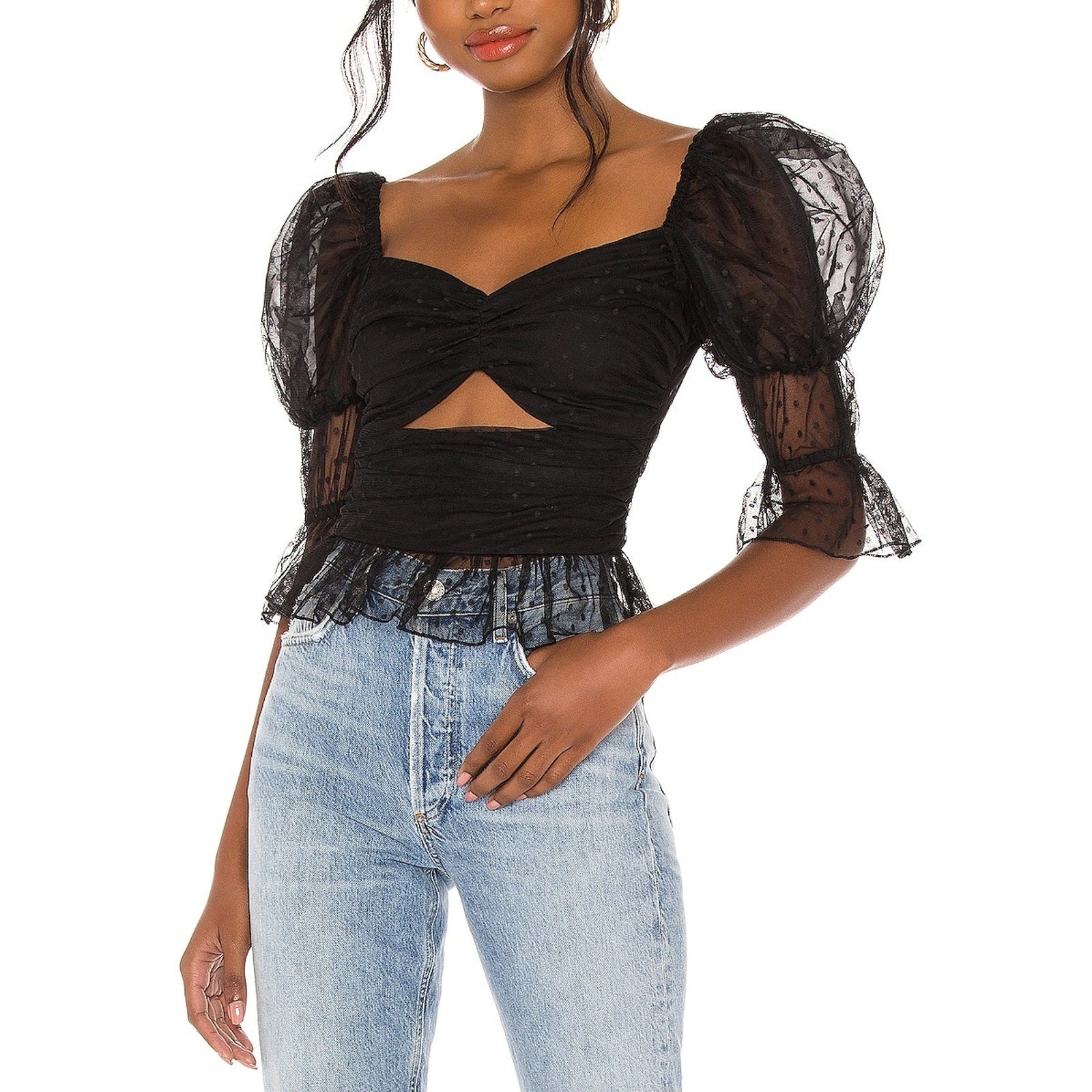 Lpa 'Dolores' Black Jacquard Puff Sleeve Top Size XXS