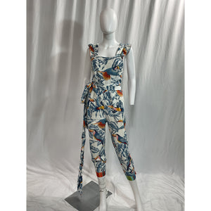 Farm Rio 'Flying Toucans' Blue Crossed Back Frilled Jumpsuit Size XS