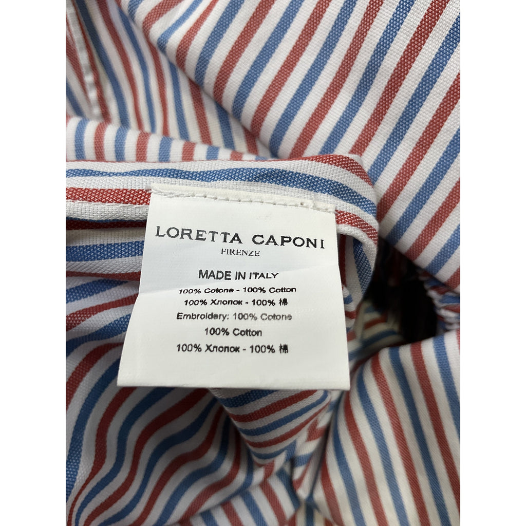 Loretta Caponi 'Delfina' Blue Cotton Belted Ruffled Smocked Striped Cotton-Poplin Midi Dress Size OS