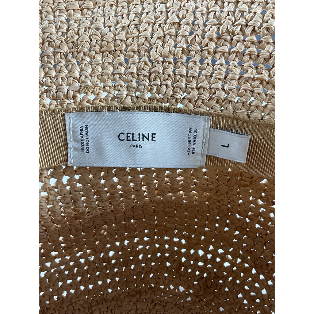Celine 'Triomphe' Beige Raffia Bucket Hat Size L