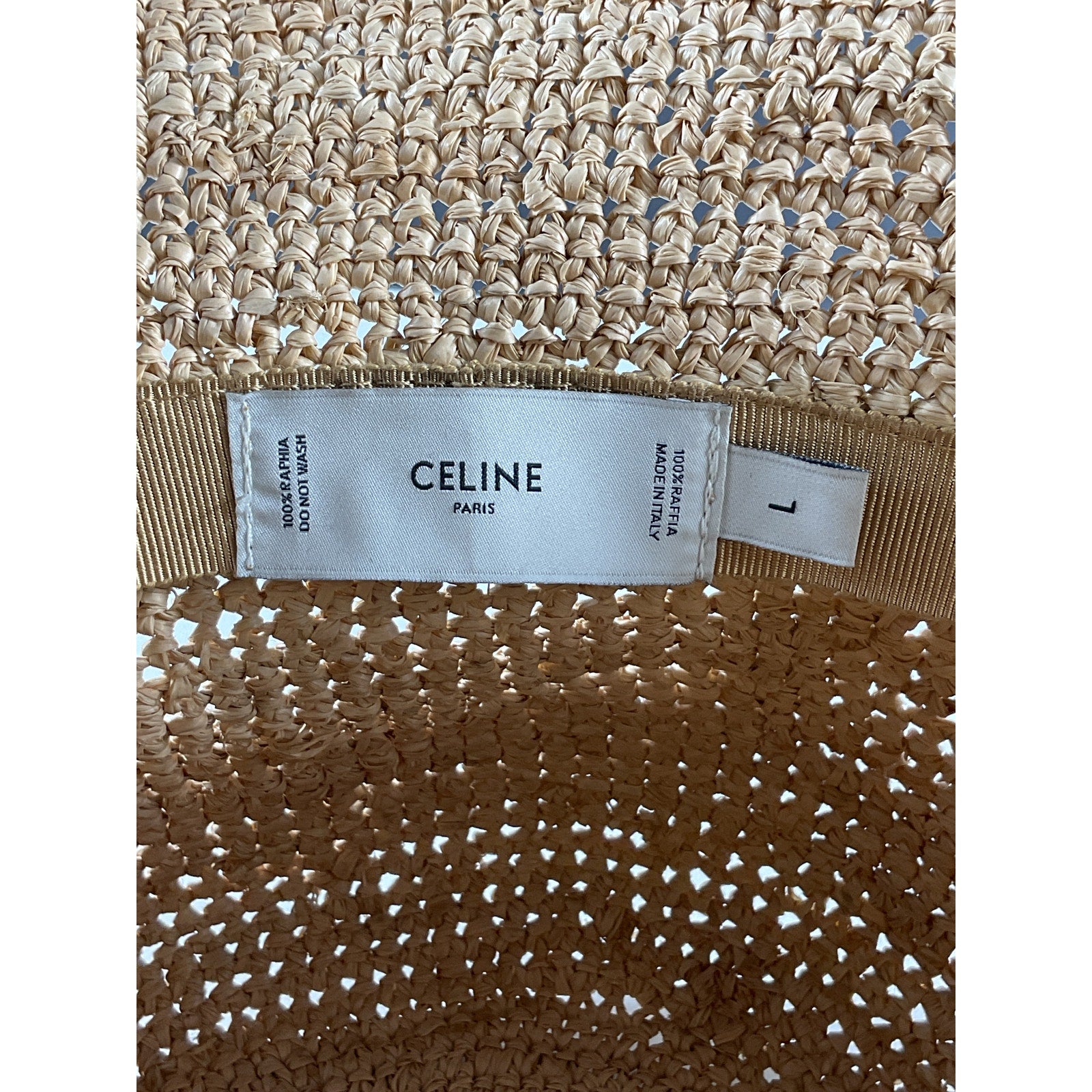 Celine 'Triomphe' Beige Raffia Bucket Hat Size L