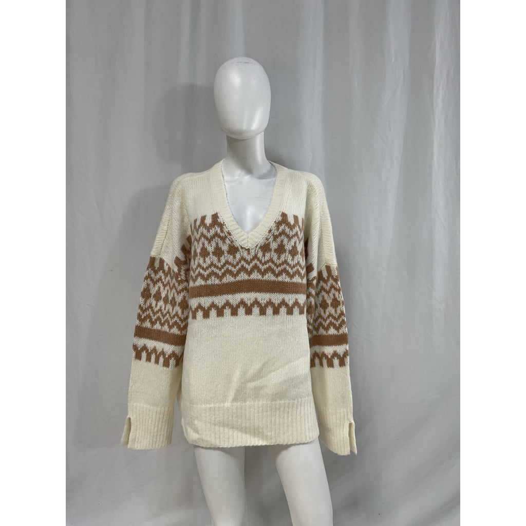 Favorite Daughter 'The Winter William' White Merino Wool Blend V Neck Sweater Size M