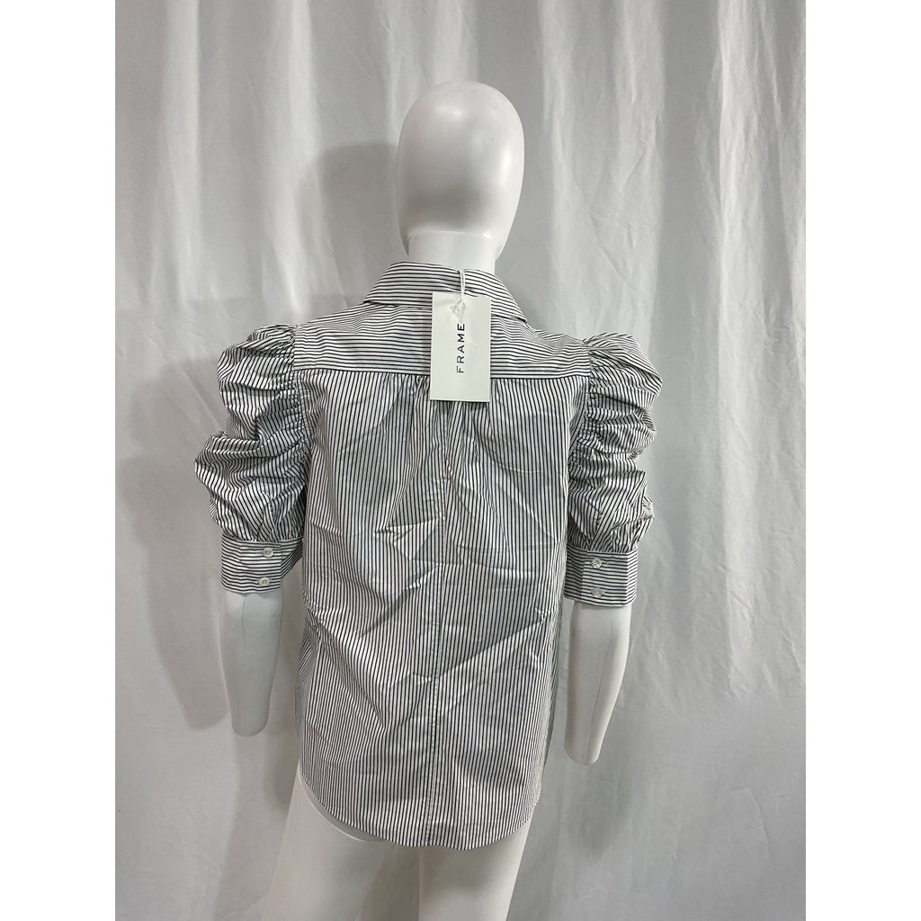Frame 'Ruched' Black Poplin Puff Sleeve Collared Shirt / Blouse Size XS - NWT