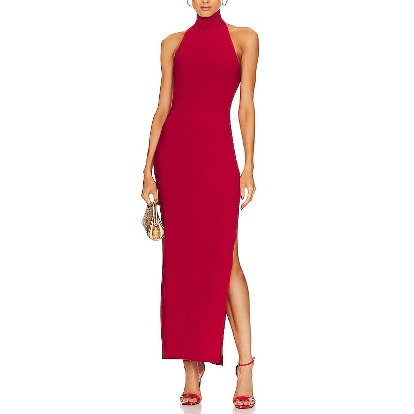 Norma Kamali Halter Red Polyester Turtleneck Side Slit Gown Size XS