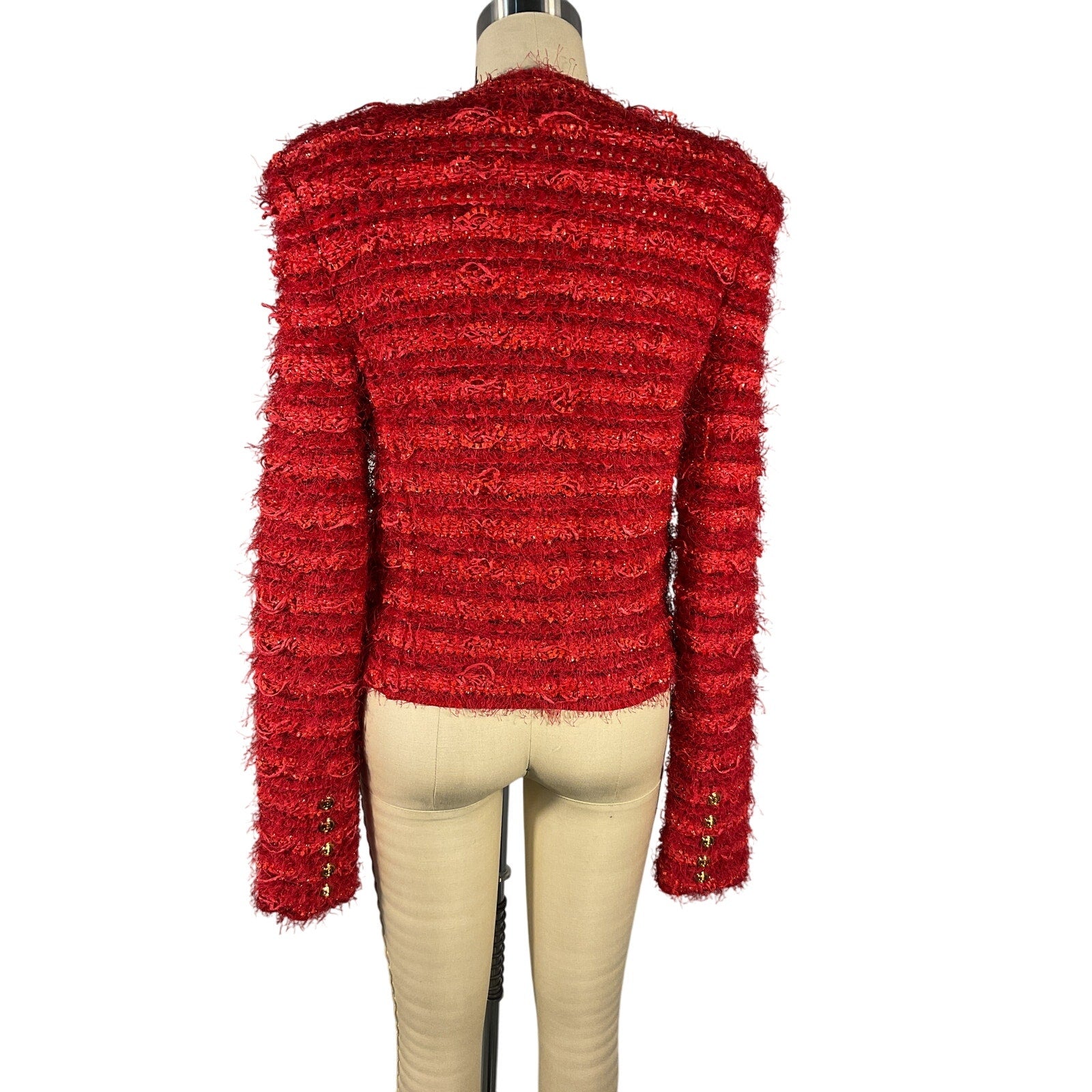 Balmain Strong Shoulder Red Tweed Jacket Size 4 US / FR 36