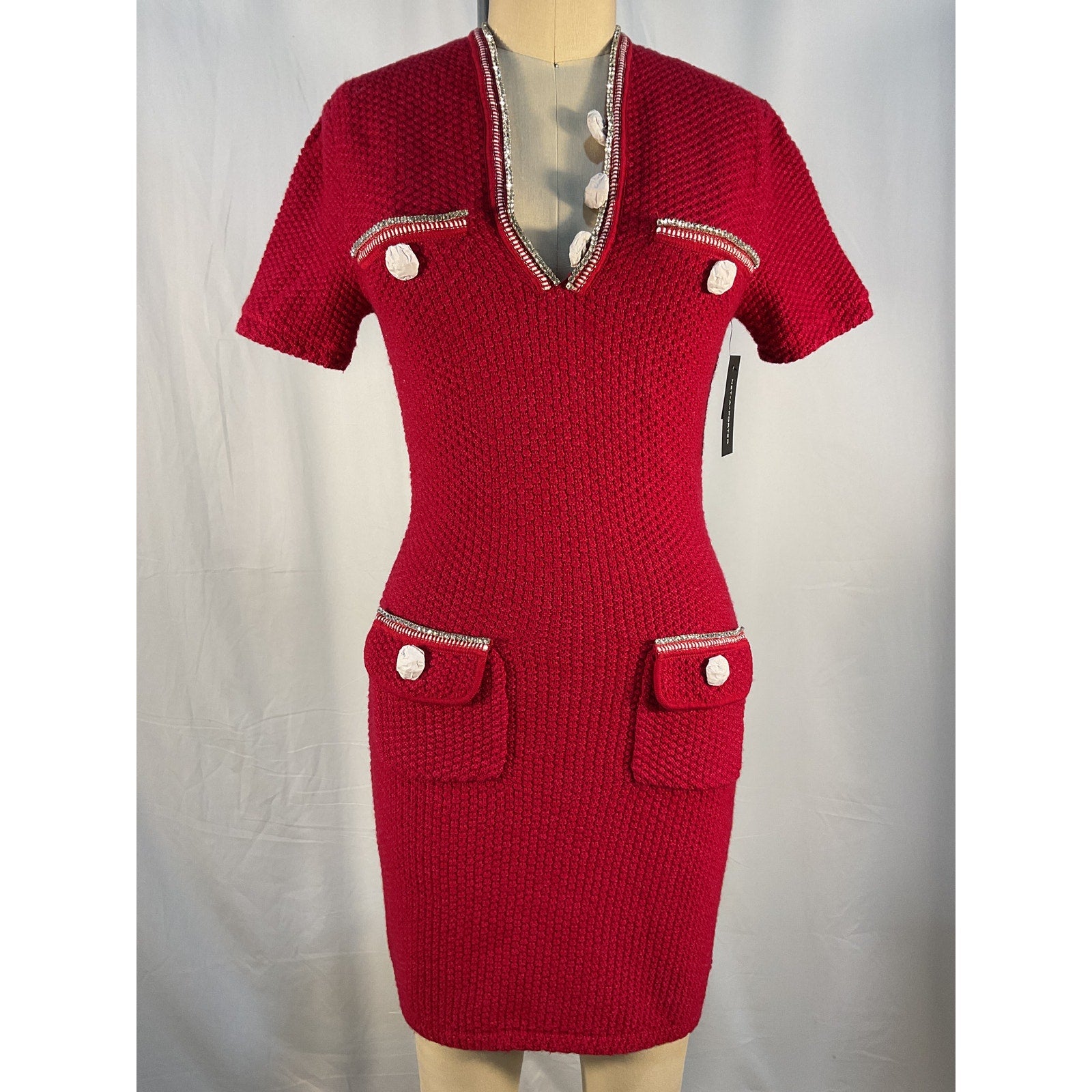 Self-Portrait Crystal-Embellished Red Wool And Cotton-Blend Mini Dress Size S - NWT