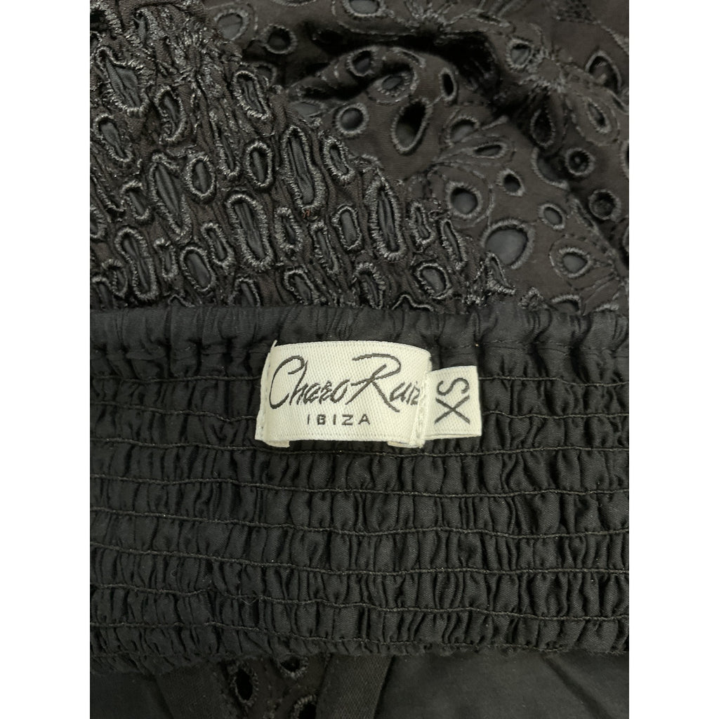 Charo Ruiz Denim Jean Off-The-Shoulder Black Belted Broderie Anglaise Cotton-Blend Mini Dress Size XS
