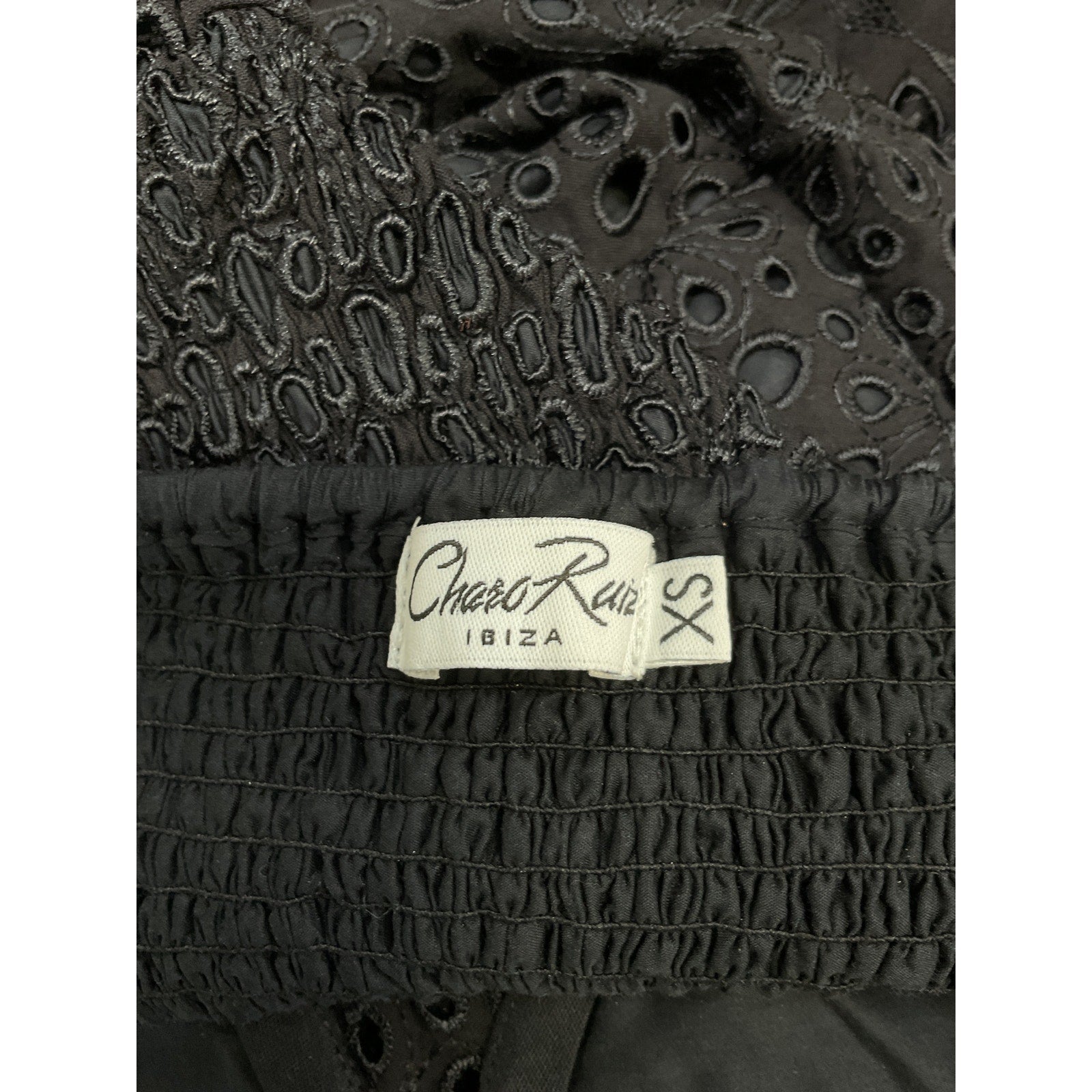 Charo Ruiz Denim Jean Off-The-Shoulder Black Belted Broderie Anglaise Cotton-Blend Mini Dress Size XS