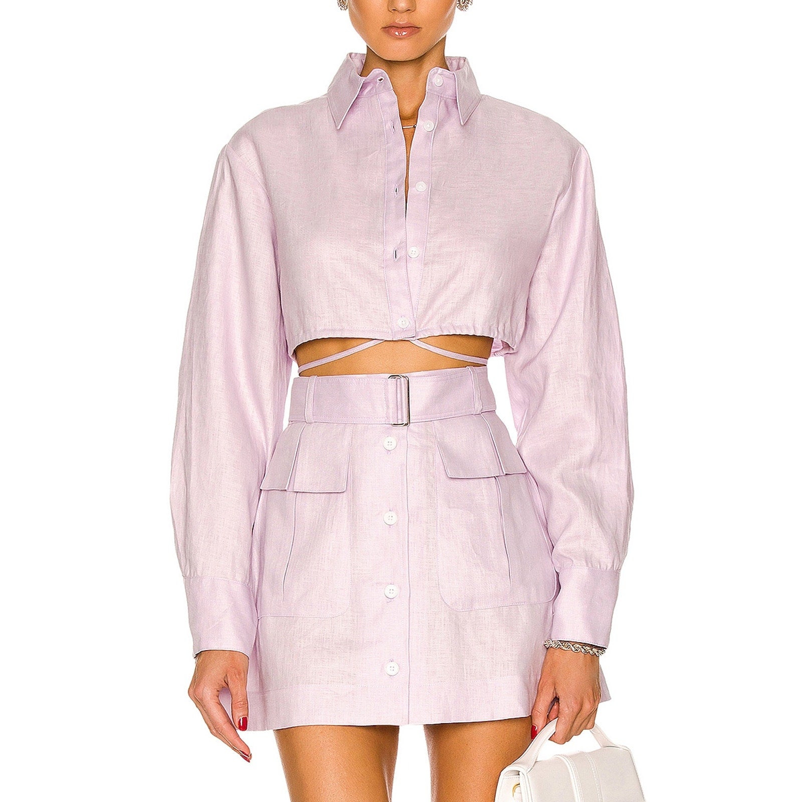 Matthew Bruch Long Sleeve Pink Linen Cropped Button Down Shirt Size 2