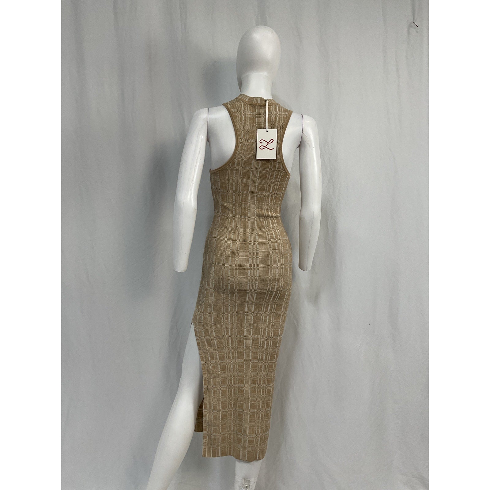 L'Academie By Marianna 'Halia' Beige Viscose Midi Knit Dress With Slit Size S - NWT