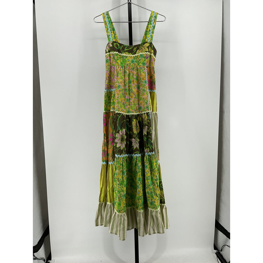 Al�mais 'Winnie' Green Patchwork Appliqu�d Printed Cotton Maxi Dress Size US 4