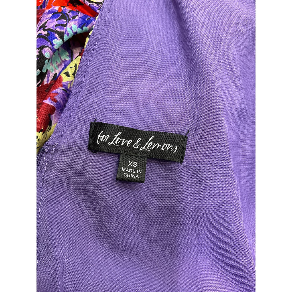 For Love & Lemons 'Chiara' Purple Satin Puff Sleeve Floral Mini Dress Size XS