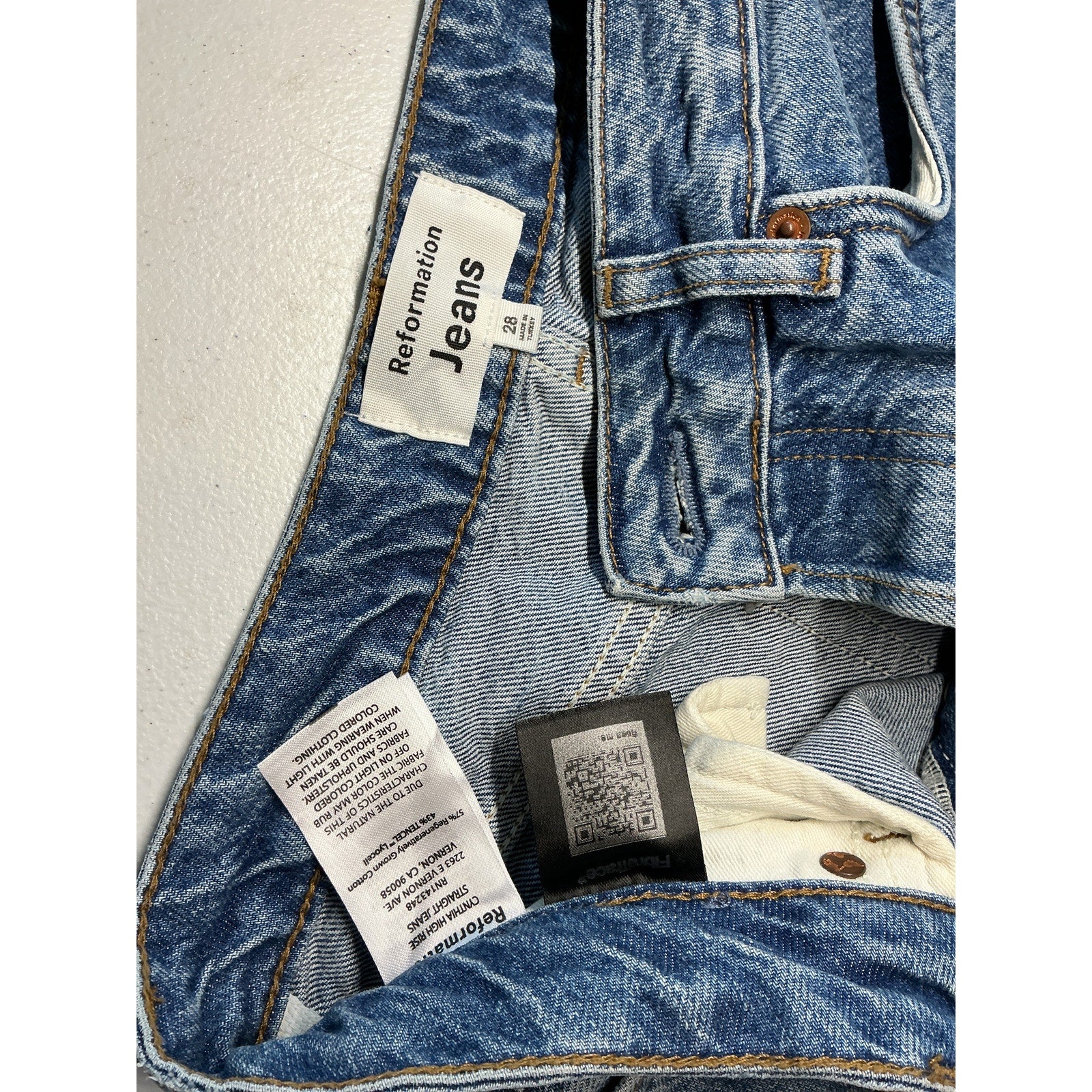 Reformation 'Cynthia' Blue Cotton High Rise Straight Jeans Size 28
