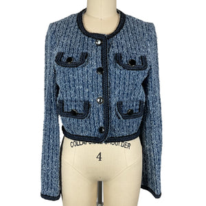 Self-Portrait Cropped Blue Denim Tweed Jacket Size UK 8 / US 4