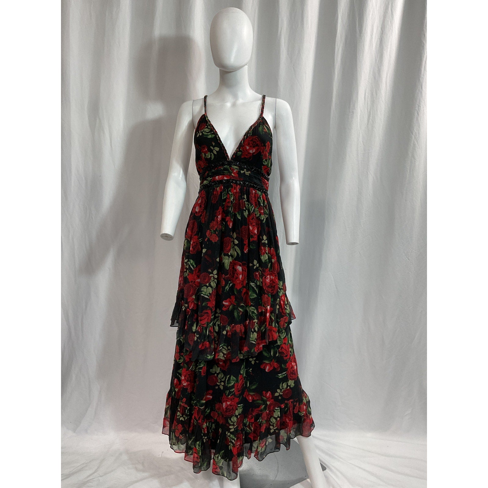 Rococo Sand Red Crepe Beaded Trim Maxi Dress Size S