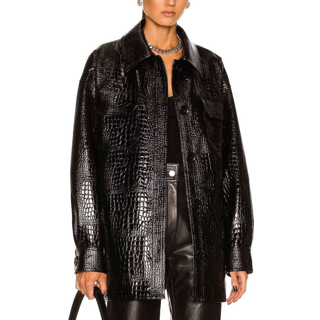 Stand Studio 'Sabitha' Black Croc Embossed Faux Leather Overshirt Size 34