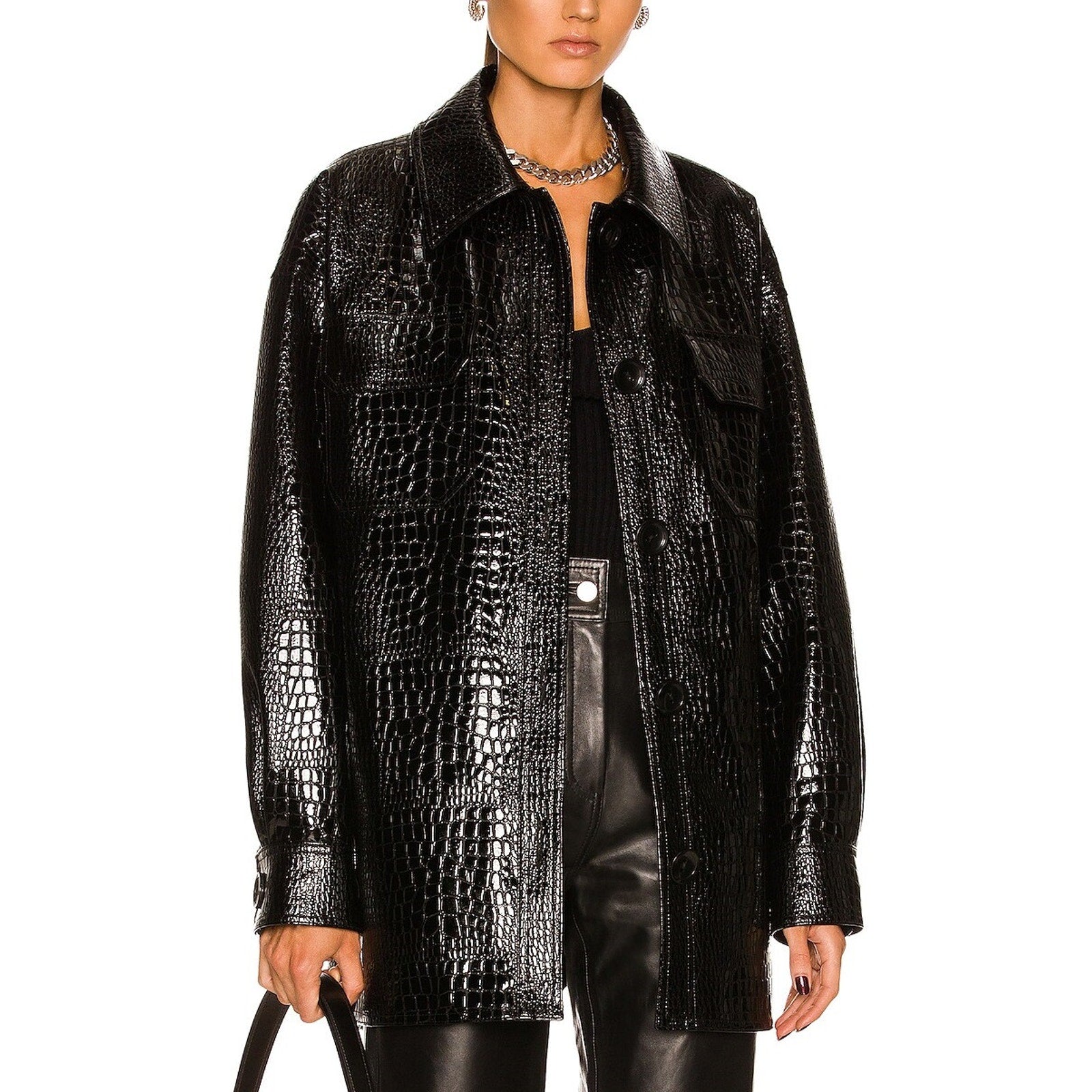 Stand Studio 'Sabitha' Black Croc Embossed Faux Leather Overshirt Size 34