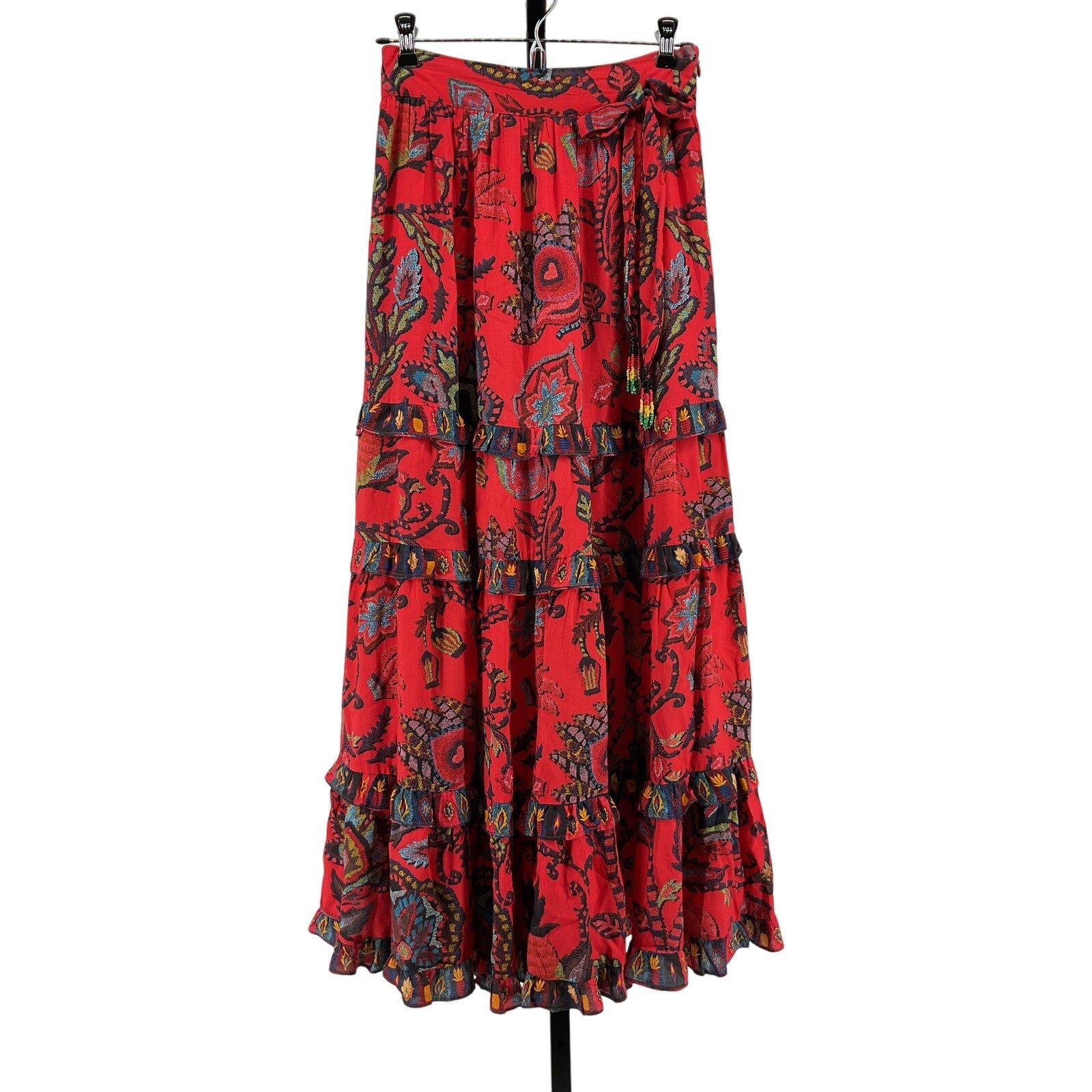 Farm Rio 'Tiered' Red Viscose Wrap Maxi Skirt Size XS