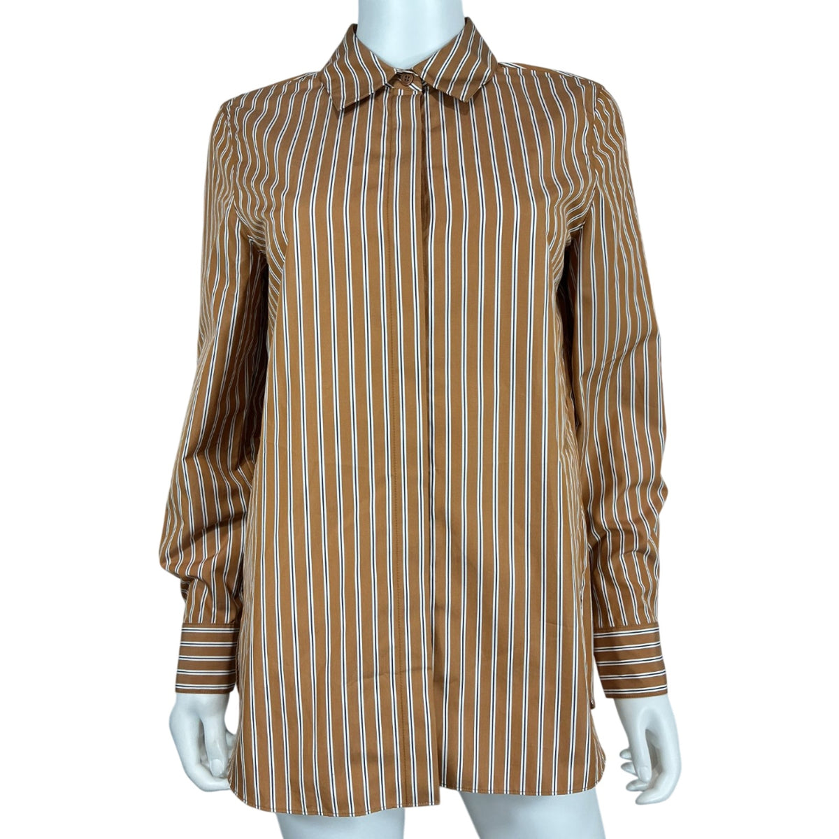 Lafayette 148 Tailored Brown Striped Button-Front Tunic Shirt Size S
