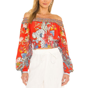 Camilla Bohemian Red Floral Shirred Waist Blouse Size L