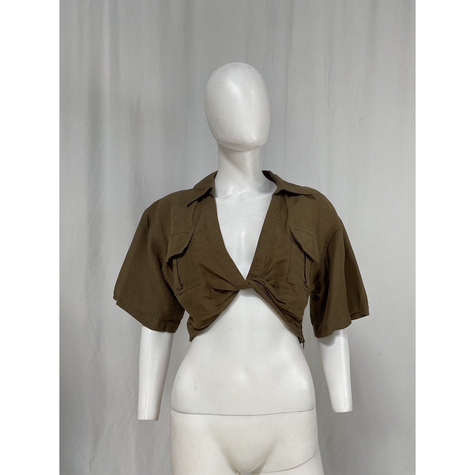 L'Academie 'The Chrisa' Green Linen Crop Blouse Size M