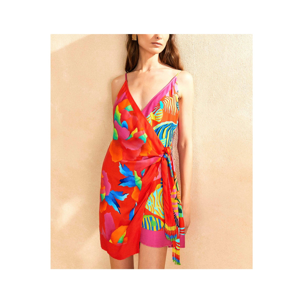 Farm Rio Mixed Pink 'Ombre Chita Lenzing Ecovero' Scarf V Neck Mini Dress Size XS