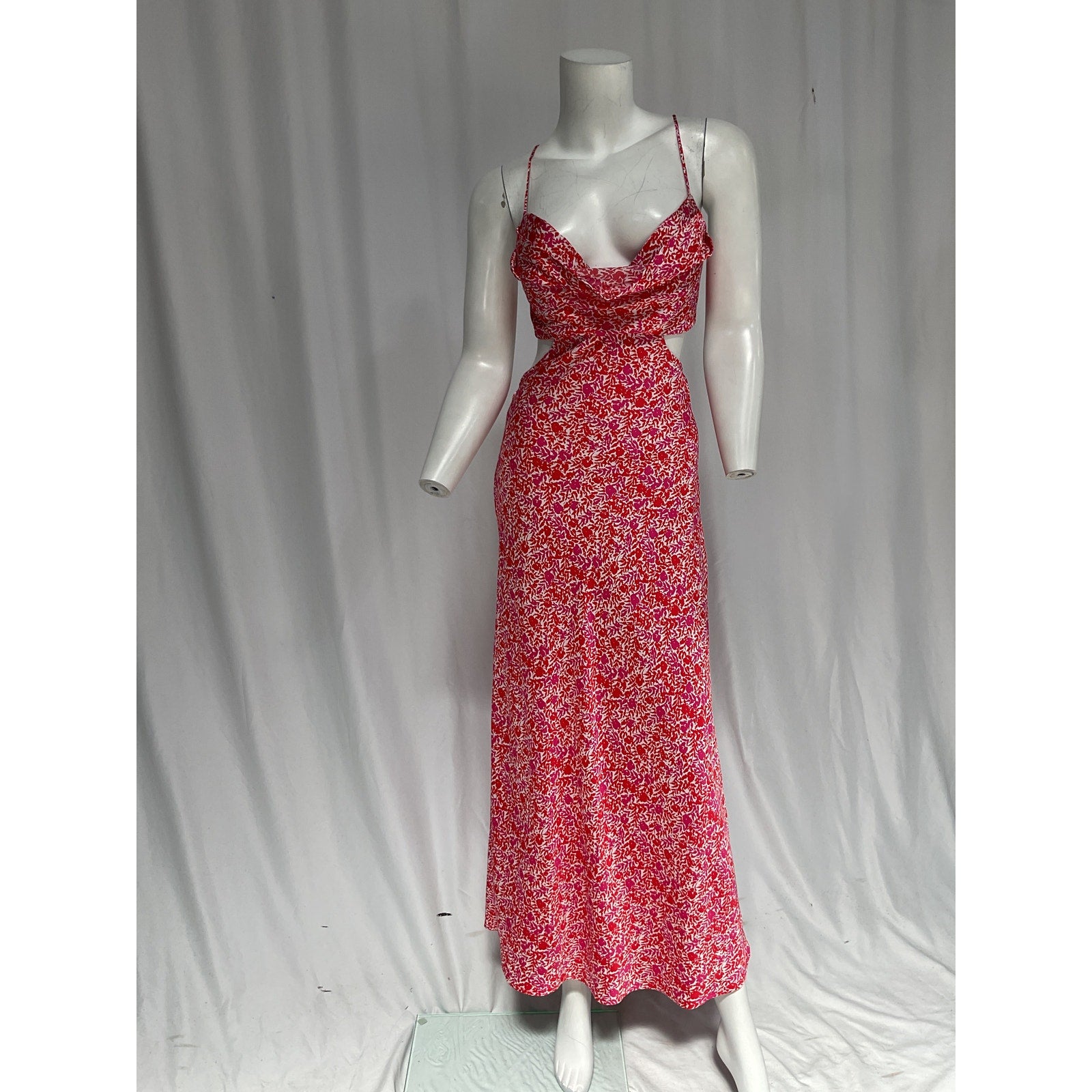 Astr The Label 'Colette' Red Floral Satin Cutout Midi Dress Size S