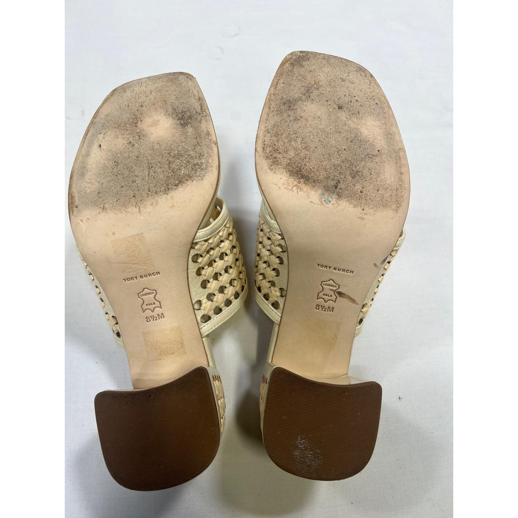 Tory Burch 'Woven' White Patent Leather Raffia Heeled Sandal Size 8.5