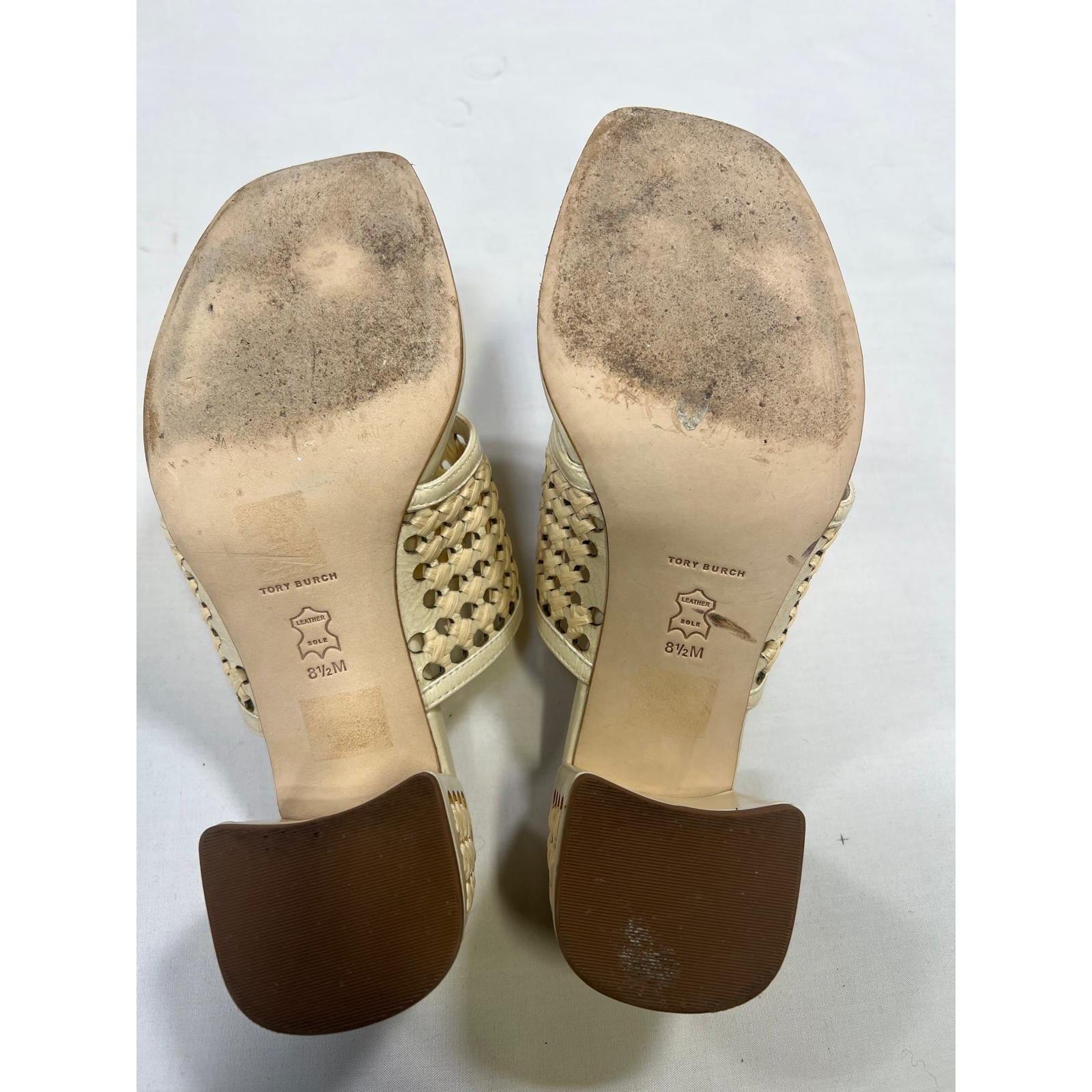 Tory Burch 'Woven' White Patent Leather Raffia Heeled Sandal Size 8.5