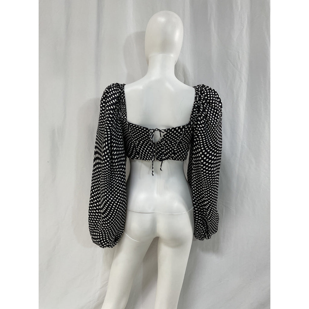 For Love & Lemons 'Kat' Black Satin Polka Dot Top Size S