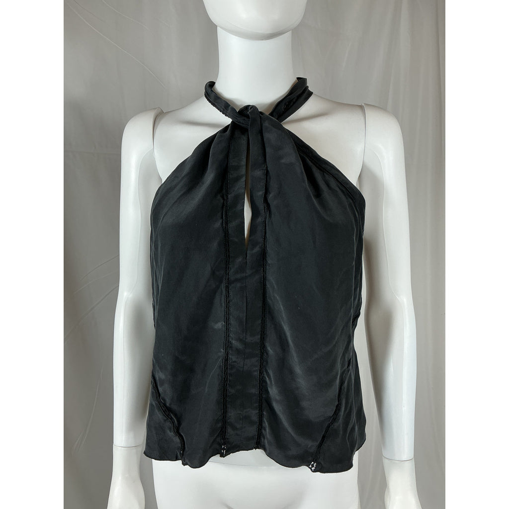 Frame Lace-Trimmed Black Silk Twist-Front Silk-Satin Halterneck Top Size L