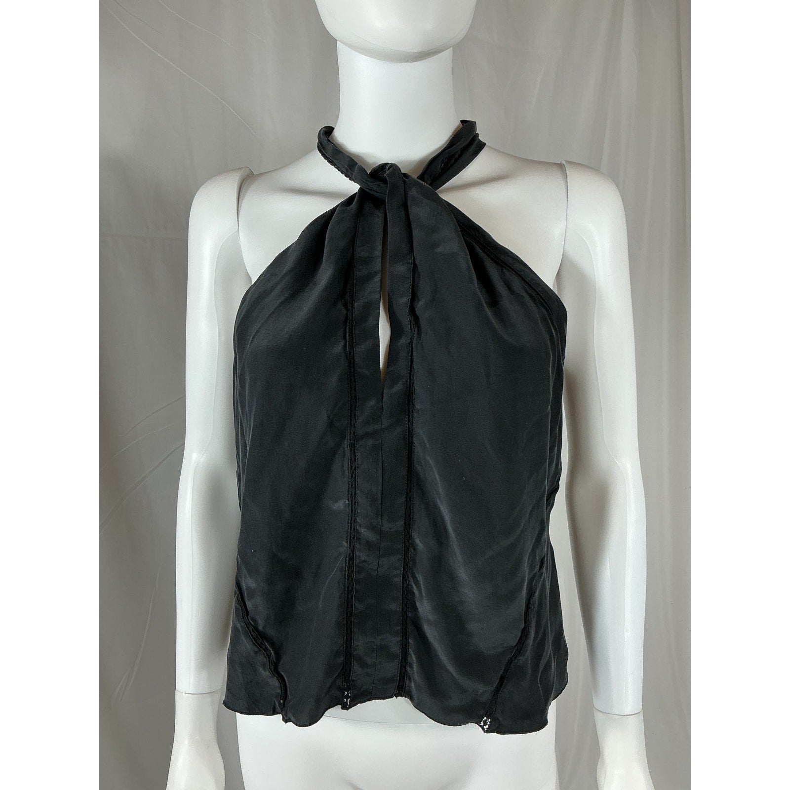 Frame Lace-Trimmed Black Silk Twist-Front Silk-Satin Halterneck Top Size L