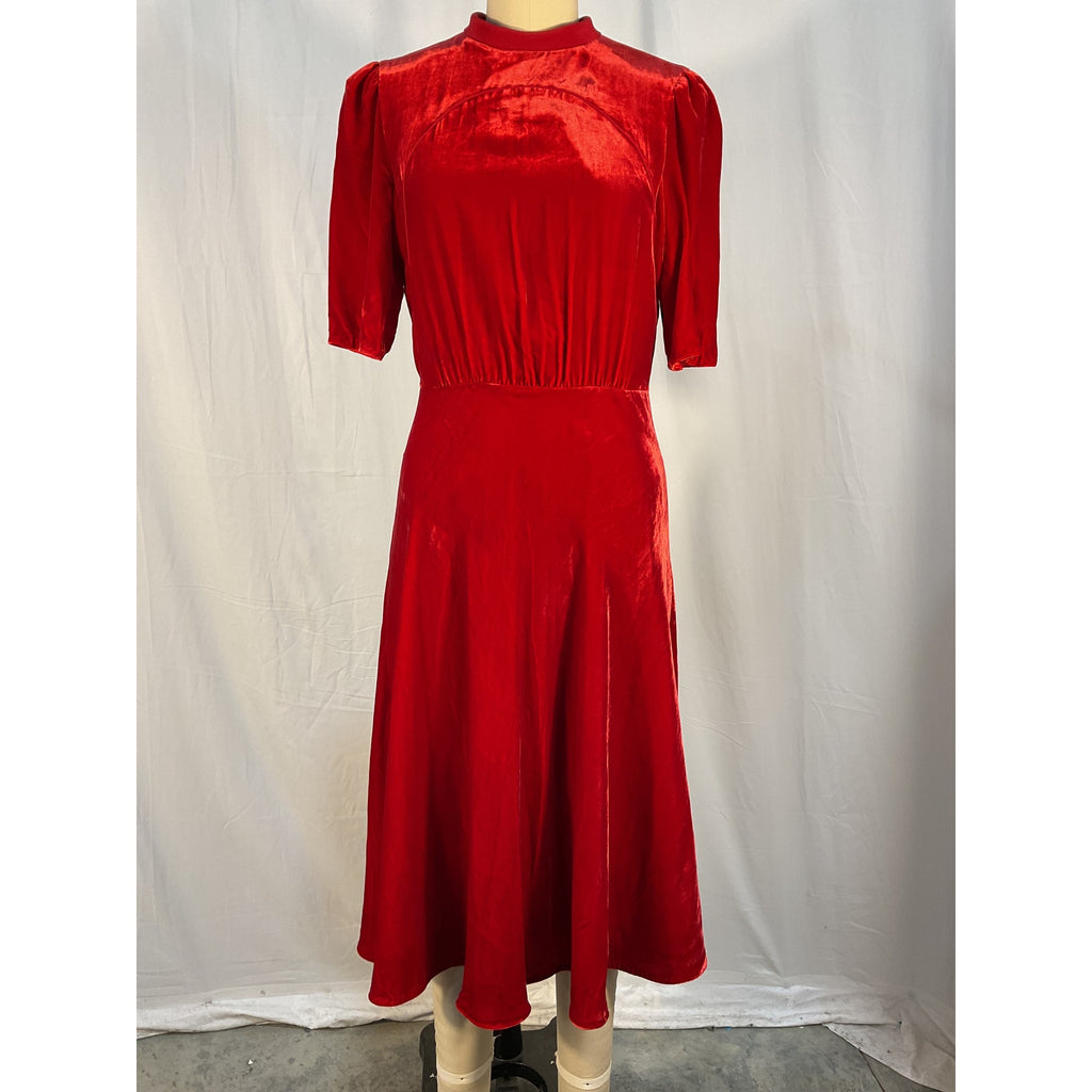 Saloni 'Dahila' Red Silk Chiffon-Trimmed Velvet Midi Dress Size 6 - NWT