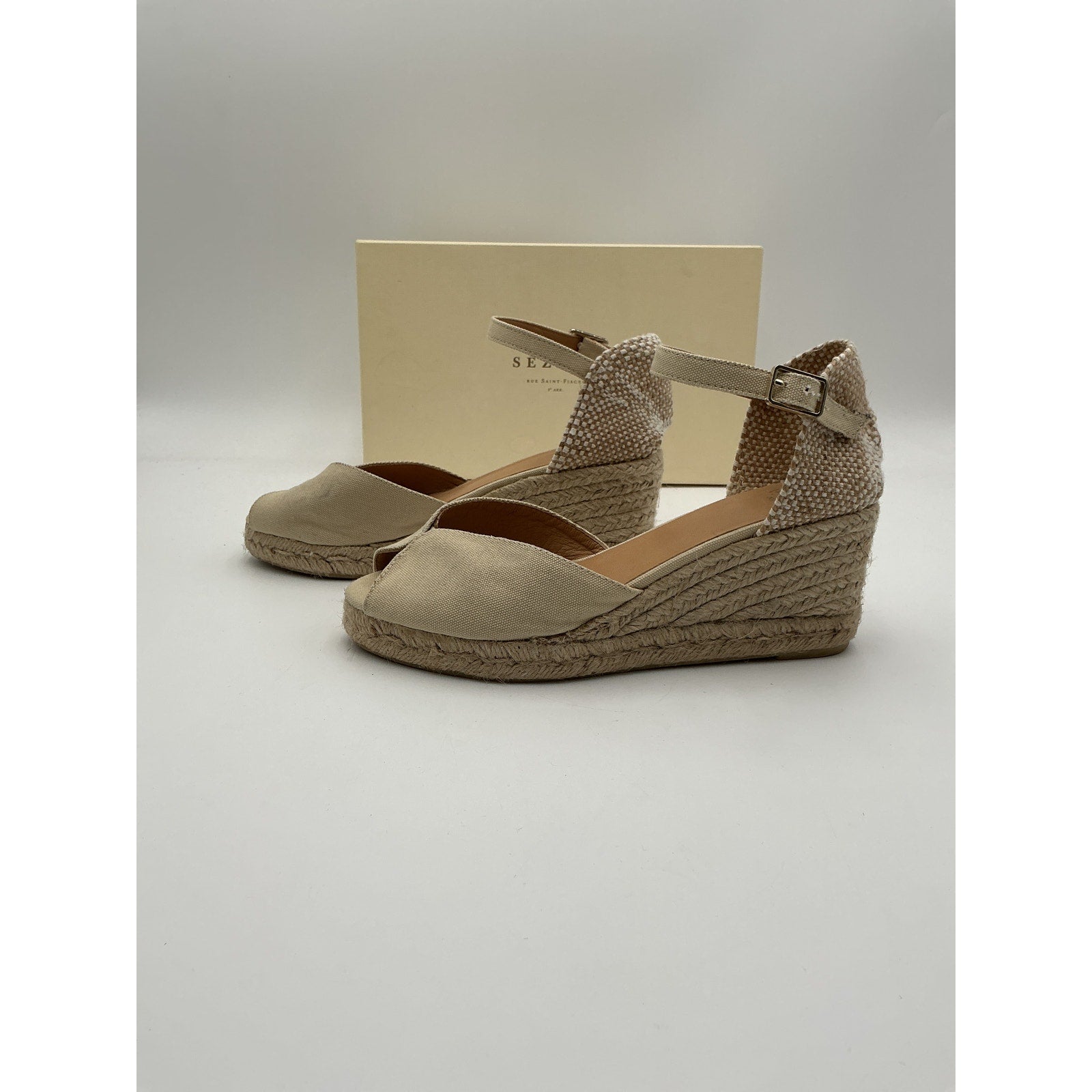 Castaner Bianca 60 Mm Ivory Leather Wedge Espadrille Sandal Size 9