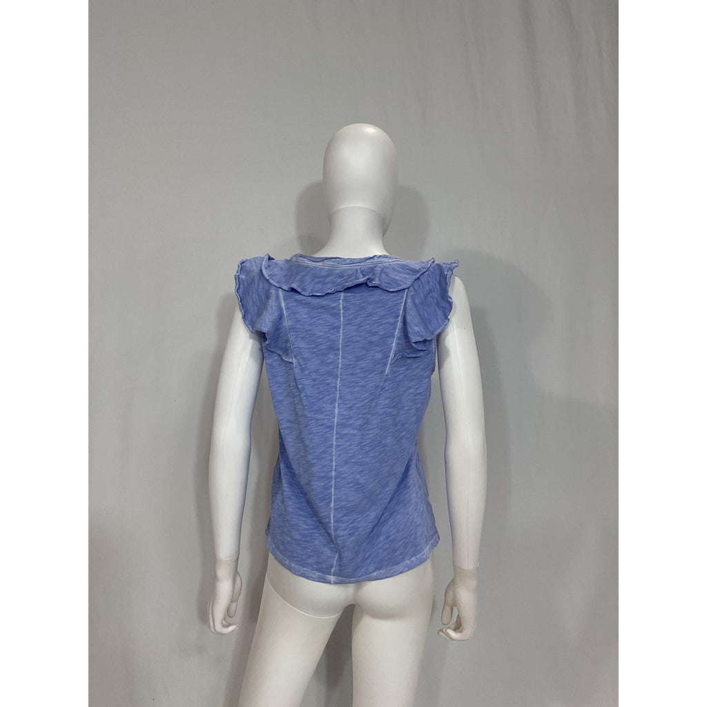 Veronica Beard 'Ellerie' Blue Cotton Sleeveless Ruffled V Neck Top Size L