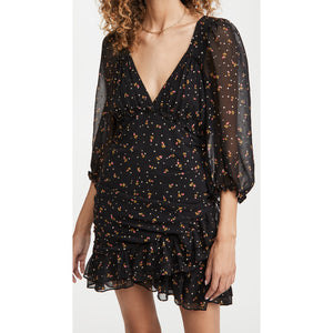 For Love & Lemons 'Juliana' Black V Neck Elbow Sleeve Floral Mini Dress Size XS