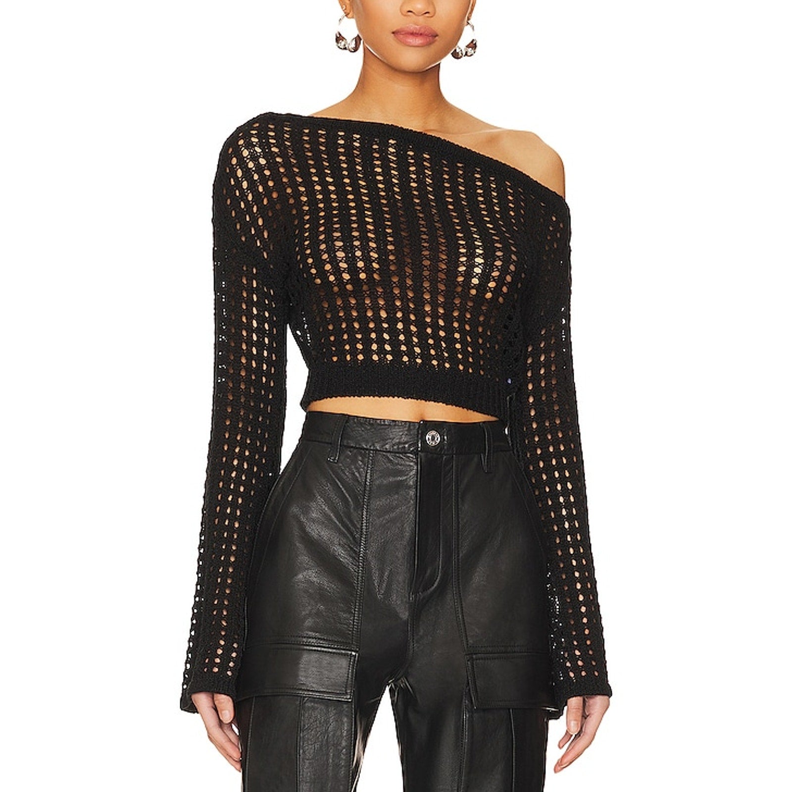 L'Academie 'Odilie' Black Cotton Crochet Off Shoulder Sweater Size M